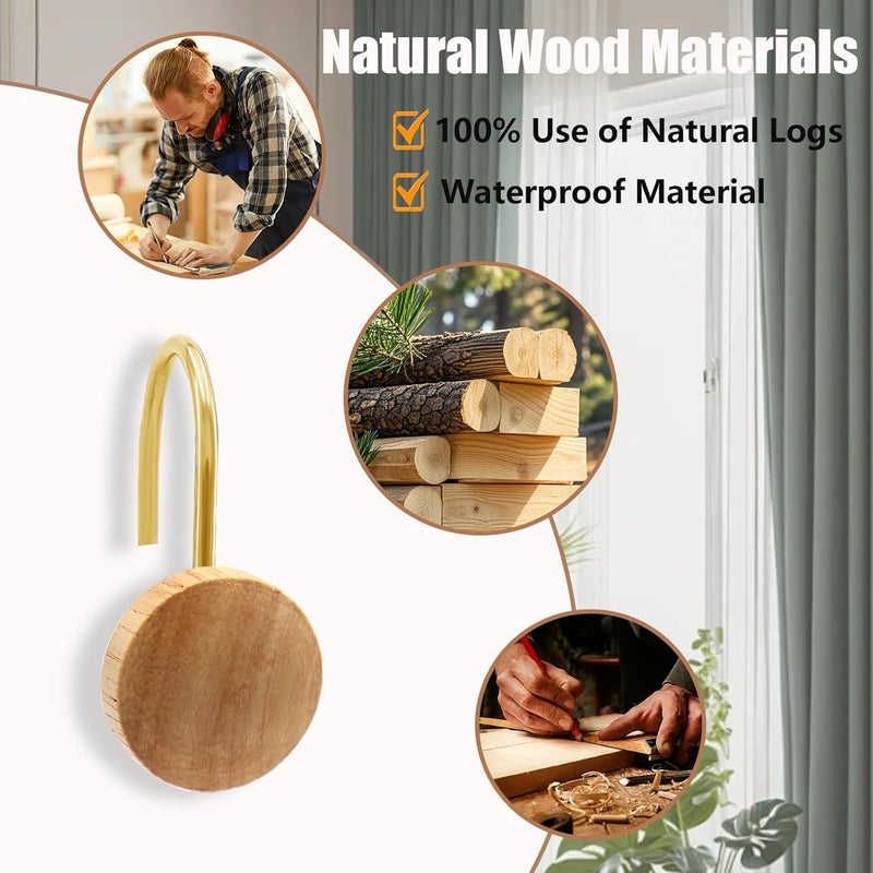 JTDTH Shower Curtain Hooks, Wood Decorative Shower Curtain Rings, Modern Round Log Shower Curtain Hangers, 12PCS Shower Hooks for Shower Curtain Rod, Bedroom, Living Room (Gold 2) - Image 2